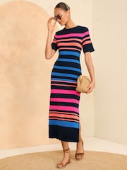 Love & Roses Blue & Pink Midi Jersey T-Shirt Dress - Image 1 of 4