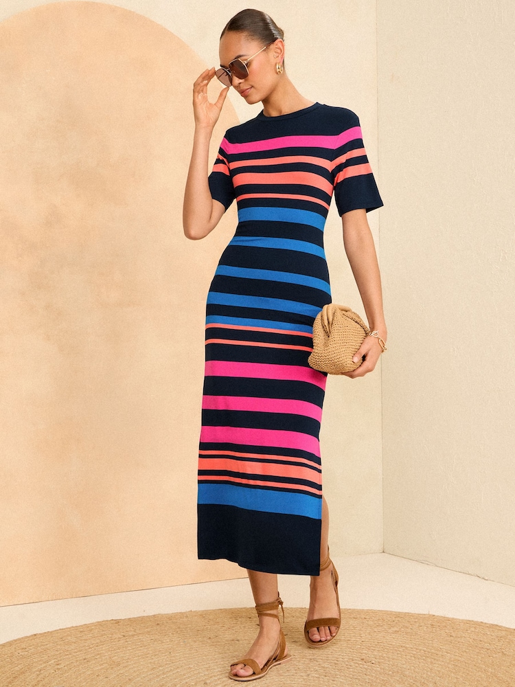 Love & Roses Blue & Pink Midi Jersey T-Shirt Dress - Image 1 of 4 Love & Roses Blue & Pink Midi Jersey T-Shirt Dress - Image 1 of 4