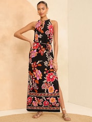 Love & Roses Black Floral Petite Halter Neck Trim Detail Jersey Maxi Dress - Image 1 of 4
