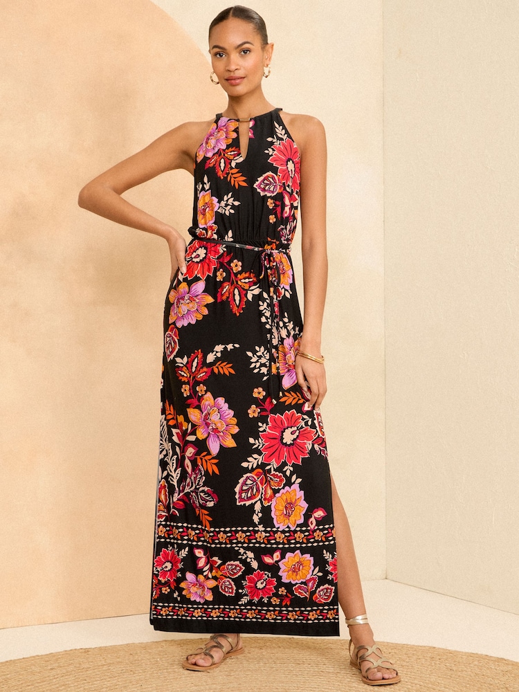 Love & Roses Black Floral Petite Halter Neck Trim Detail Jersey Maxi Dress - Image 1 of 4 Love & Roses Black Floral Petite Halter Neck Trim Detail Jersey Maxi Dress - Image 1 of 4