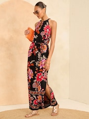 Love & Roses Black Floral Petite Halter Neck Trim Detail Jersey Maxi Dress - Image 4 of 4