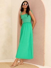 Grün-Regenbogen gesmokt - Love & Roses Gesmoktes Bandeau-Maxikleid aus Jersey mit Schlitz - Bild 1 von 4