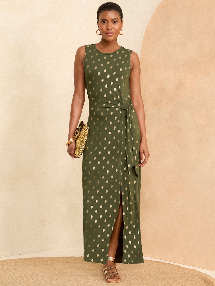 Love & Roses Khaki Dash Foil Tie Side Sleeveless Midi Jersey Dress - Image 1 of 4 Love & Roses Khaki Dash Foil Tie Side Sleeveless Midi Jersey Dress - Image 1 of 4