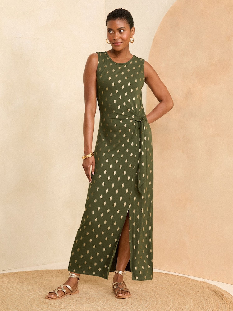 Love & Roses Khaki Dash Foil Tie Side Sleeveless Midi Jersey Dress - Image 4 of 4 Love & Roses Khaki Dash Foil Tie Side Sleeveless Midi Jersey Dress - Image 4 of 4