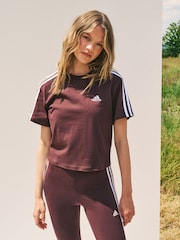 adidas Brown 100% Cotton Sportswear Essentials 3-Stripes Single Jersey Crop T-Shirt - Image 1 of 4