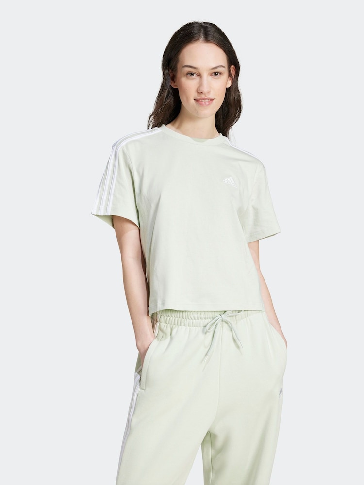 adidas Green 100% Cotton Sportswear Essentials 3-Stripes Single Jersey Crop T-Shirt - Image 1 of 7