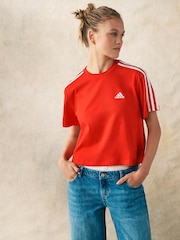 adidas Red 100% Cotton Sportswear Essentials 3-Stripes Single Jersey Crop T-Shirt - Image 3 of 5