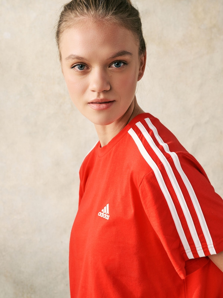 adidas Red 100% Cotton Sportswear Essentials 3-Stripes Single Jersey Crop T-Shirt - Image 5 of 5