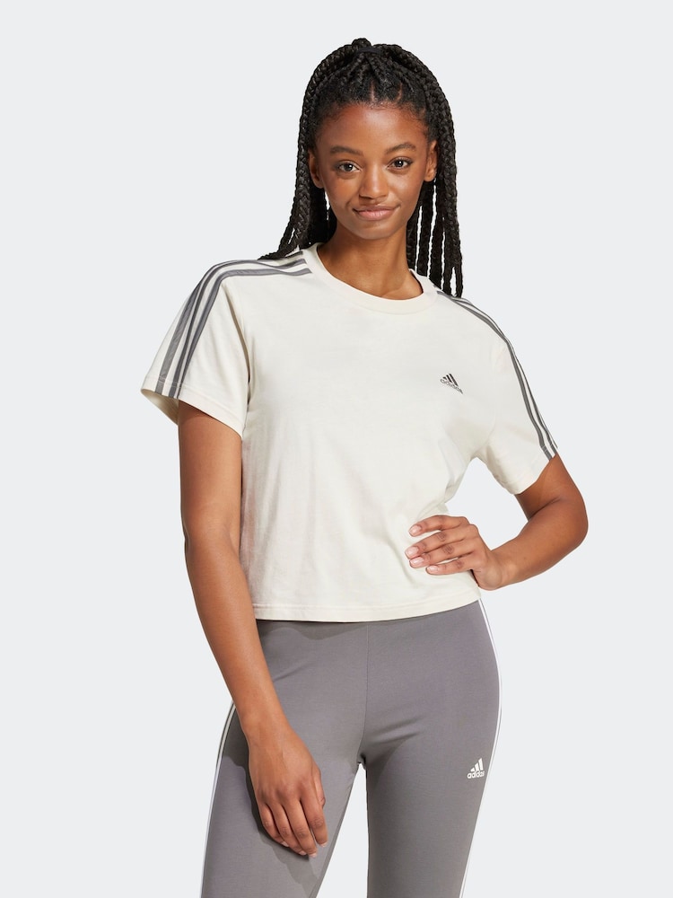 adidas Light Brown 100% Cotton Sportswear Essentials 3-Stripes Single Jersey Crop T-Shirt - Image 1 of 7