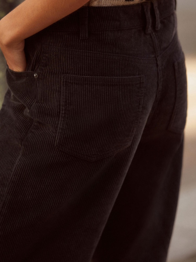 Black Washed Cord Wide Leg 100% Cotton Trousers - Image 4 of 4