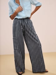 Navy Striped Super Wide 100% Cotton Trousers - Image 3 of 6