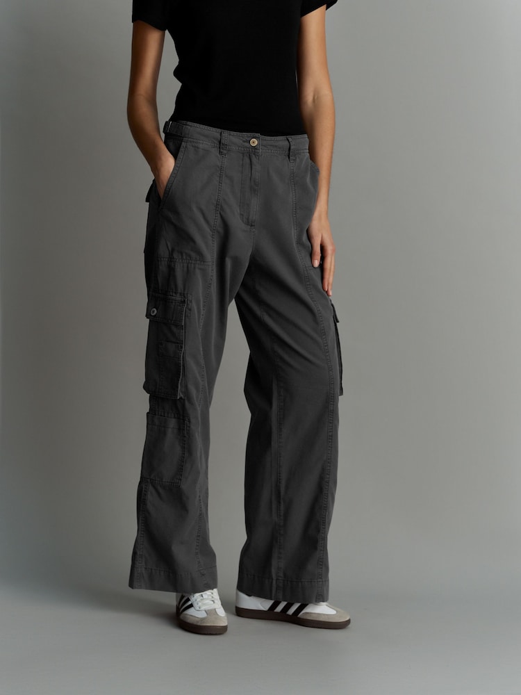 Black 100% Cotton Adjustable Waist Cargo Trousers - Image 2 of 6