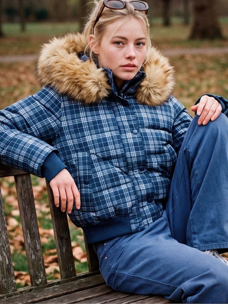 Superdry Blue Everest Hooded Bomber Puffer Coat - Image 1 of 1 Superdry Blue Everest Hooded Bomber Puffer Coat - Image 1 of 1