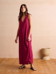 Red V-Neck Textured Maxi Summer Jersey Dress - Image 1 of 7