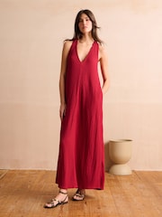 Red V-Neck Textured Maxi Summer Jersey Dress - Image 2 of 7