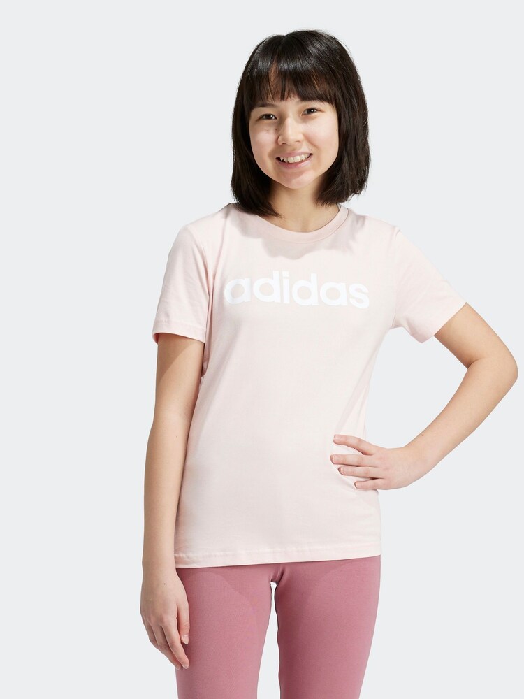 adidas Pink Slim Fit Junior Essentials Linear Logo 100% Cotton T-Shirt - Image 1 of 7