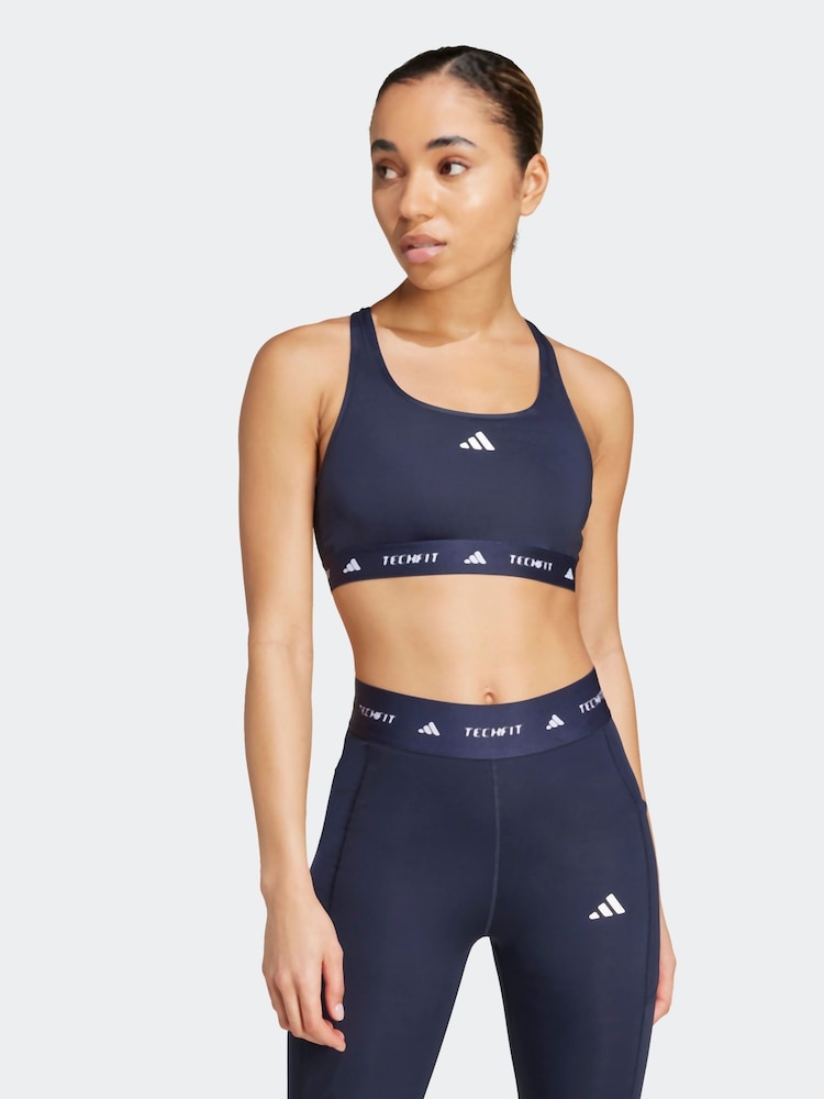adidas Blue Medium Support Techfit Powerreact Bra - Image 1 of 10
