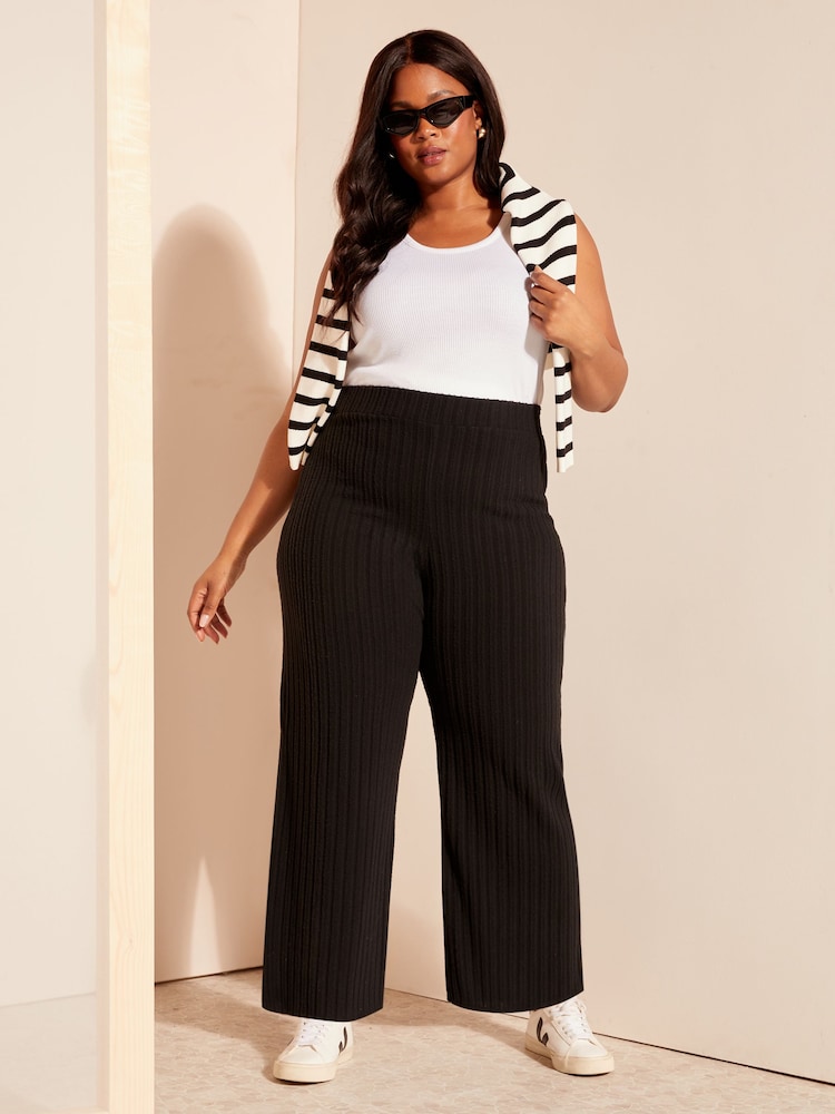 Curves Like These Black Wide Leg Rib Trousers - Image 1 of 4