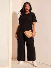 Curves Like These Black Wide Leg Rib Trousers - Image 4 of 4