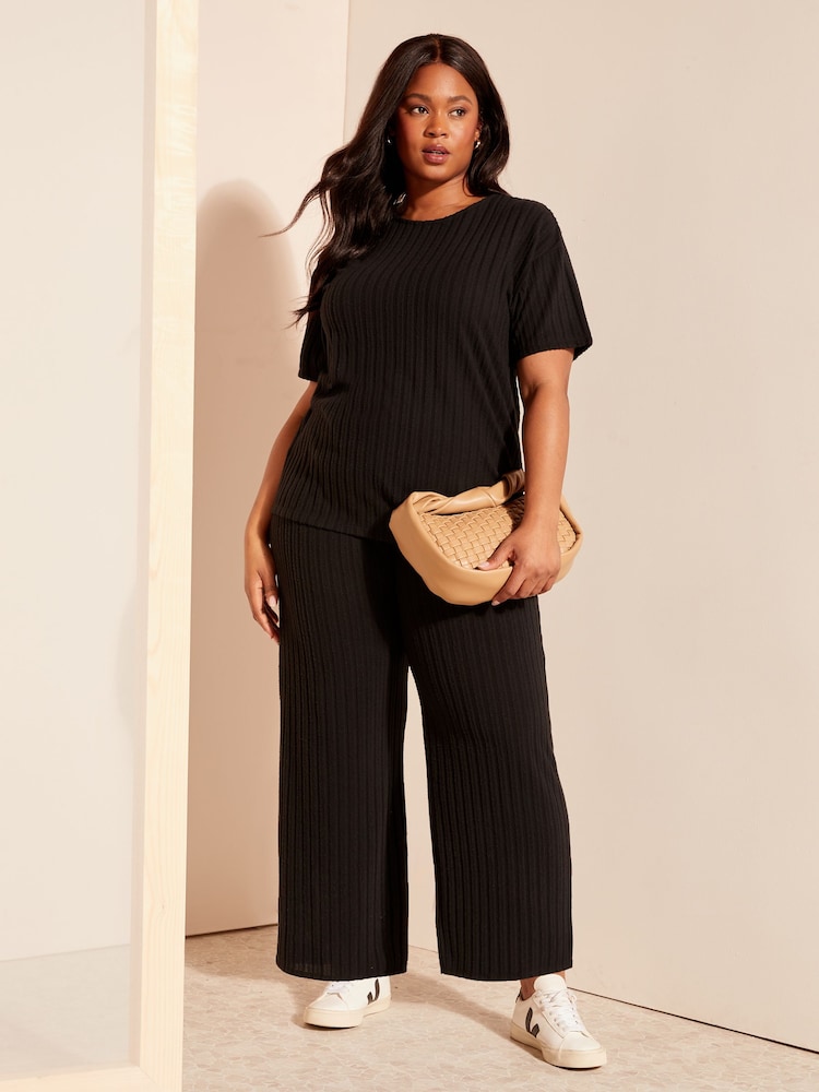 Curves Like These Black Wide Leg Rib Trousers - Image 4 of 4