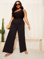 Curves Like These Black Linen Look Wide Leg Trousers - Image 3 of 4