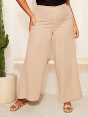 Curves Like These Nude Linen Look Wide Leg Trousers - Image 1 of 4