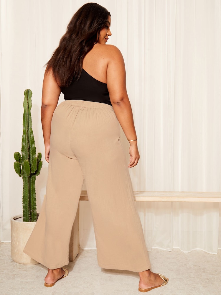 Curves Like These Nude Linen Look Wide Leg Trousers - Image 4 of 4