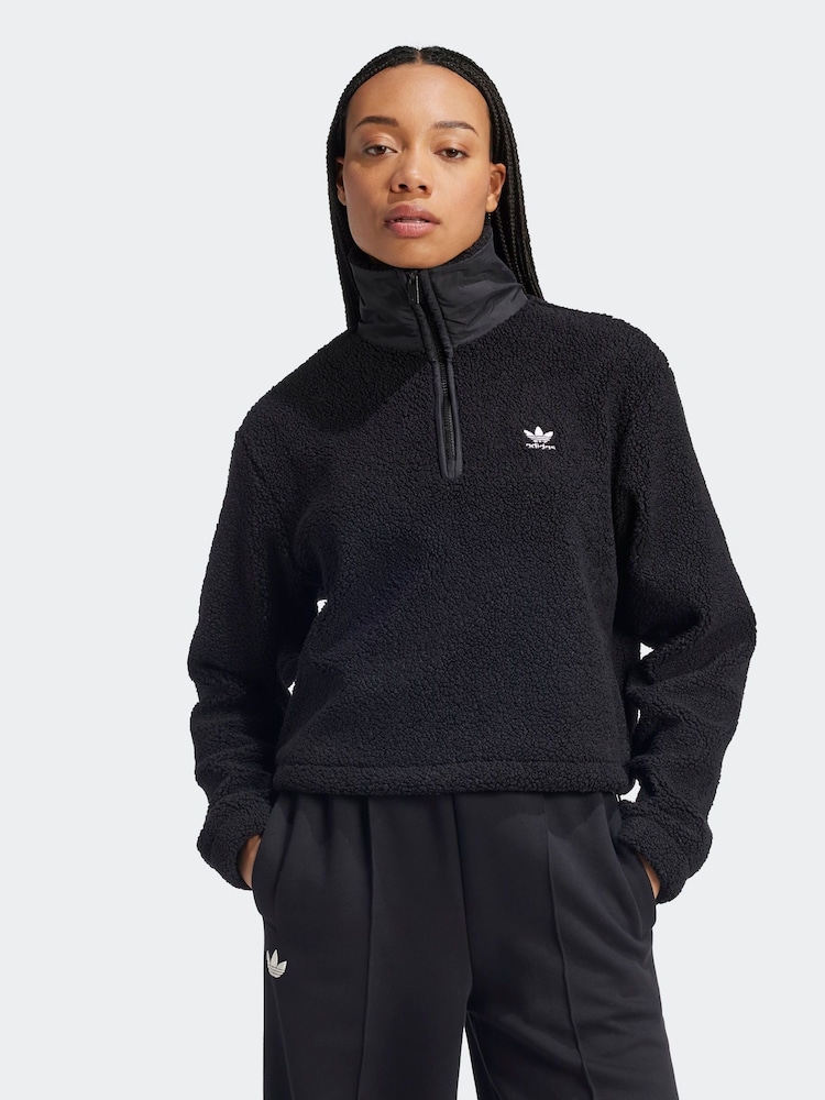 adidas Originals Black 3-Stripes Teddy 1/2 Zip Sweatshirt - Image 1 of 8