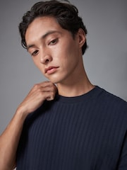 Navy Blue Relaxed Fit 100% Cotton Seersucker Texture T-Shirt - Image 1 of 8