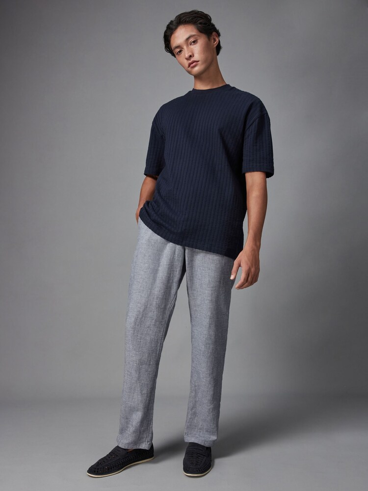 Navy Blue Relaxed Fit 100% Cotton Seersucker Texture T-Shirt - Image 2 of 8