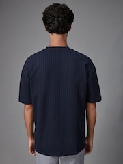 Navy Blue Relaxed Fit 100% Cotton Seersucker Texture T-Shirt - Image 3 of 8