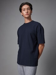 Navy Blue Relaxed Fit 100% Cotton Seersucker Texture T-Shirt - Image 5 of 8