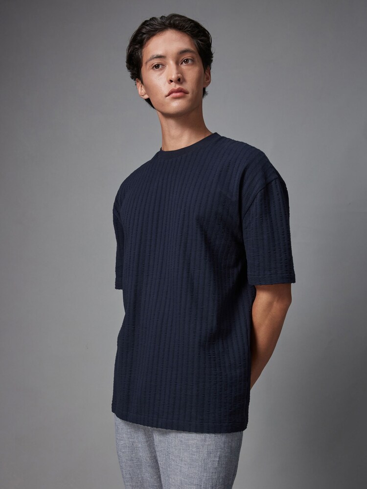 Navy Blue Relaxed Fit 100% Cotton Seersucker Texture T-Shirt - Image 5 of 8