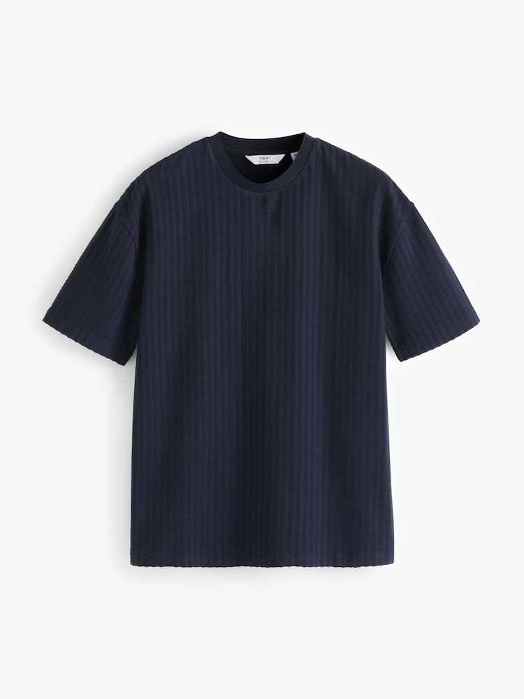 Navy Blue Relaxed Fit 100% Cotton Seersucker Texture T-Shirt - Image 7 of 8
