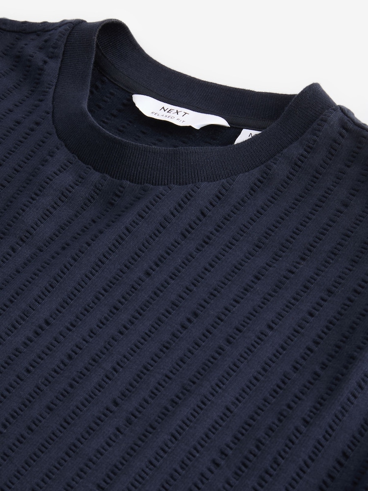 Navy Blue Relaxed Fit 100% Cotton Seersucker Texture T-Shirt - Image 8 of 8