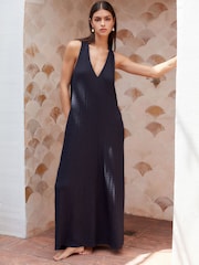 Navy V-Neck Textured Maxi Summer Jersey Dress - Image 1 of 6