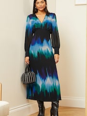 Love & Roses Blue Smudge Chiffon Long Sleeve Midi Dress - Image 1 of 4