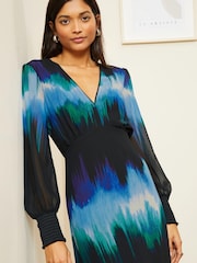 Love & Roses Blue Smudge Chiffon Long Sleeve Midi Dress - Image 2 of 4