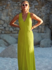 Lime Green V-Neck Textured Maxi Summer Jersey Dress - Image 1 of 5