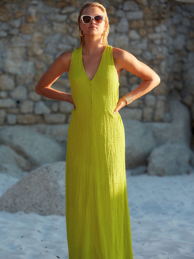 Lime Green V-Neck Textured Maxi Summer Jersey Dress - Image 1 of 5