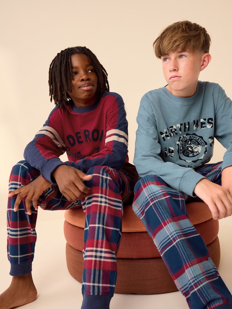 Red/Blue Varsity 2 Pack Long Sleeve Woven Check Pyjamas (3-16yrs) - Image 1 of 7