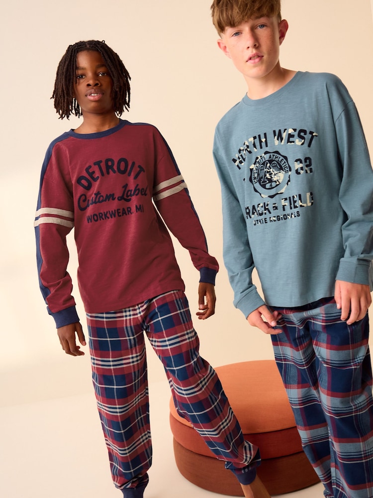 Red/Blue Varsity 2 Pack Long Sleeve Woven Check Pyjamas (3-16yrs) - Image 2 of 7