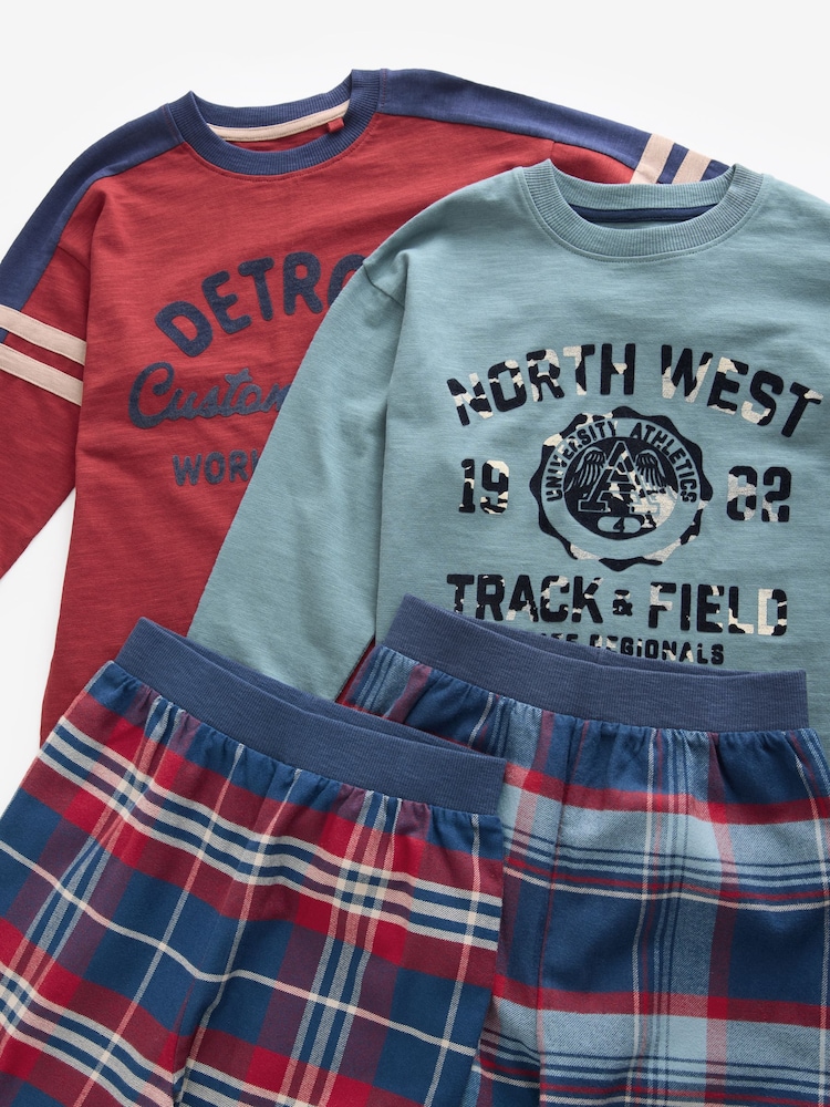 Red/Blue Varsity 2 Pack Long Sleeve Woven Check Pyjamas (3-16yrs) - Image 7 of 7
