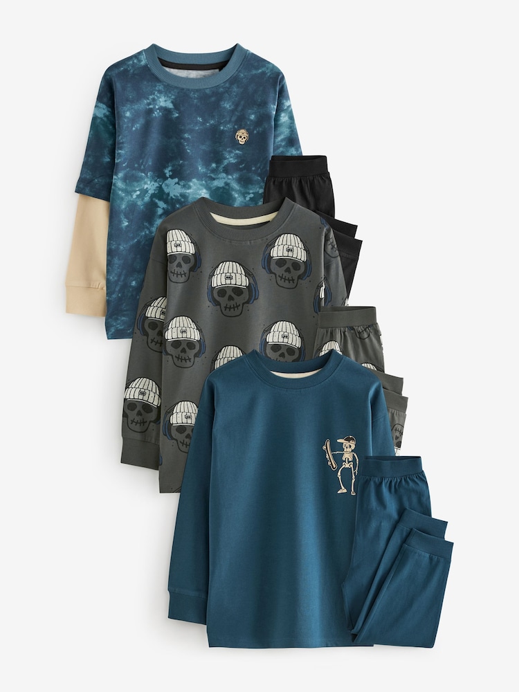 Niebiesko-szara z efektem tie-dye i imitowanymi rękawami - Zestaw 3 piżam z długim rękawem (4–16 lat) - Image 4 of 9