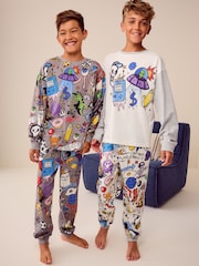 Grey/White Doodle Character 100% Cotton Long Sleeve Pyjamas 2 Pack (3-16yrs) - Image 1 of 9