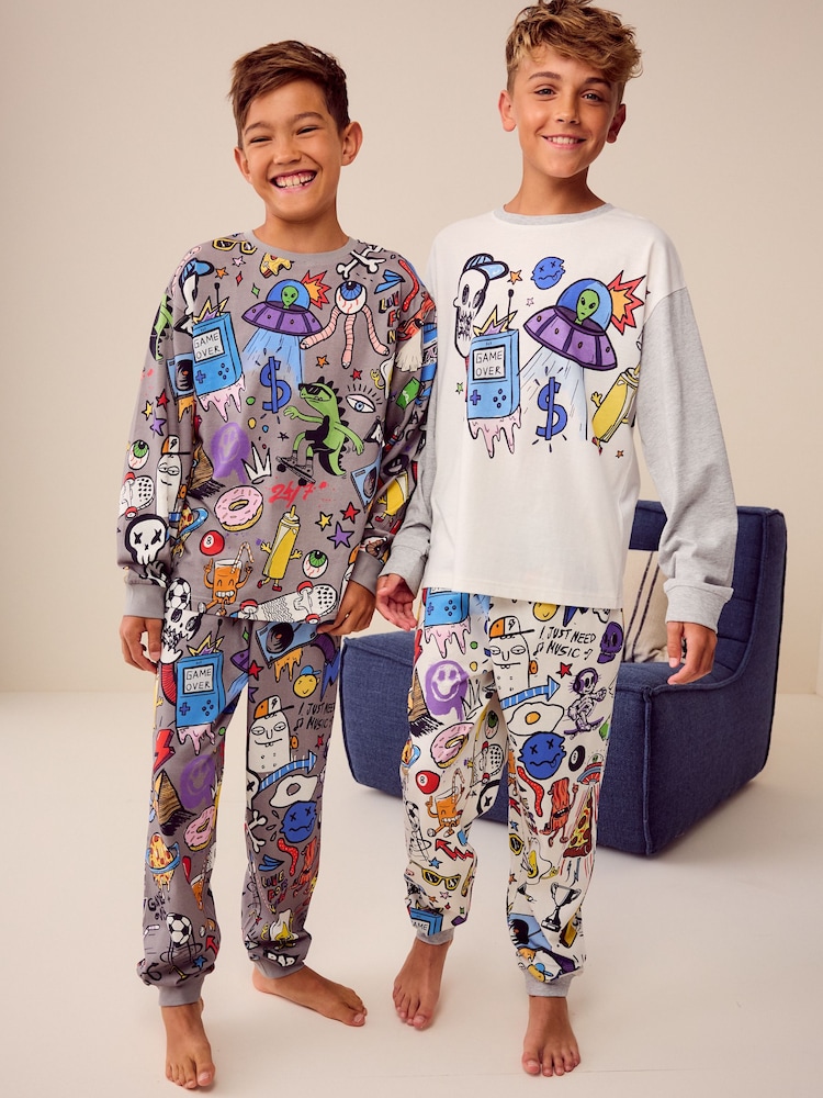 Grey/White Doodle Character 100% Cotton Long Sleeve Pyjamas 2 Pack (3-16yrs) - Image 1 of 9