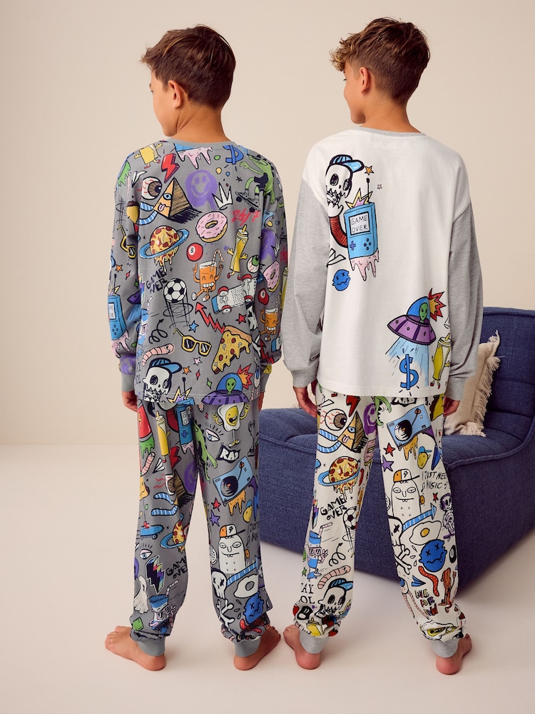 Grey/White Doodle Character 100% Cotton Long Sleeve Pyjamas 2 Pack (3-16yrs) - Image 2 of 9