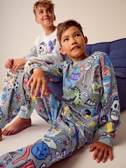 Grey/White Doodle Character 100% Cotton Long Sleeve Pyjamas 2 Pack (3-16yrs) - Image 4 of 9