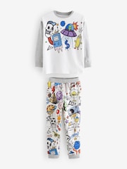 Grey/White Doodle Character 100% Cotton Long Sleeve Pyjamas 2 Pack (3-16yrs) - Image 7 of 9