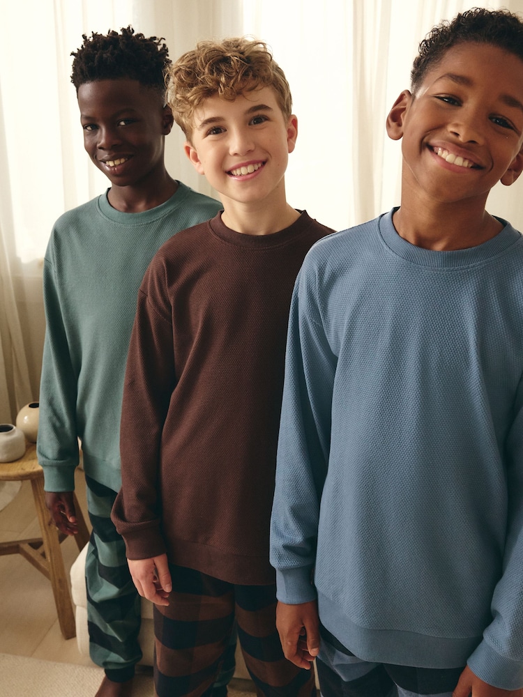 Blue/Green/Brown Woven Check Pyjamas 3 Pack (3-16yrs) - Image 4 of 10